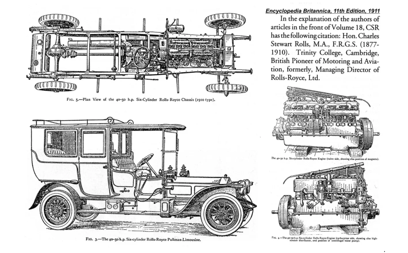A page from the 11th edition of the Encyclopaedia Britannica, 1911, showing technical line drawings of the Rolls-Royce 40/50 h.p. Silver Ghost chassis, engine and Pullman-Limousine body, alongside a citation for author Charles Stewart Rolls.