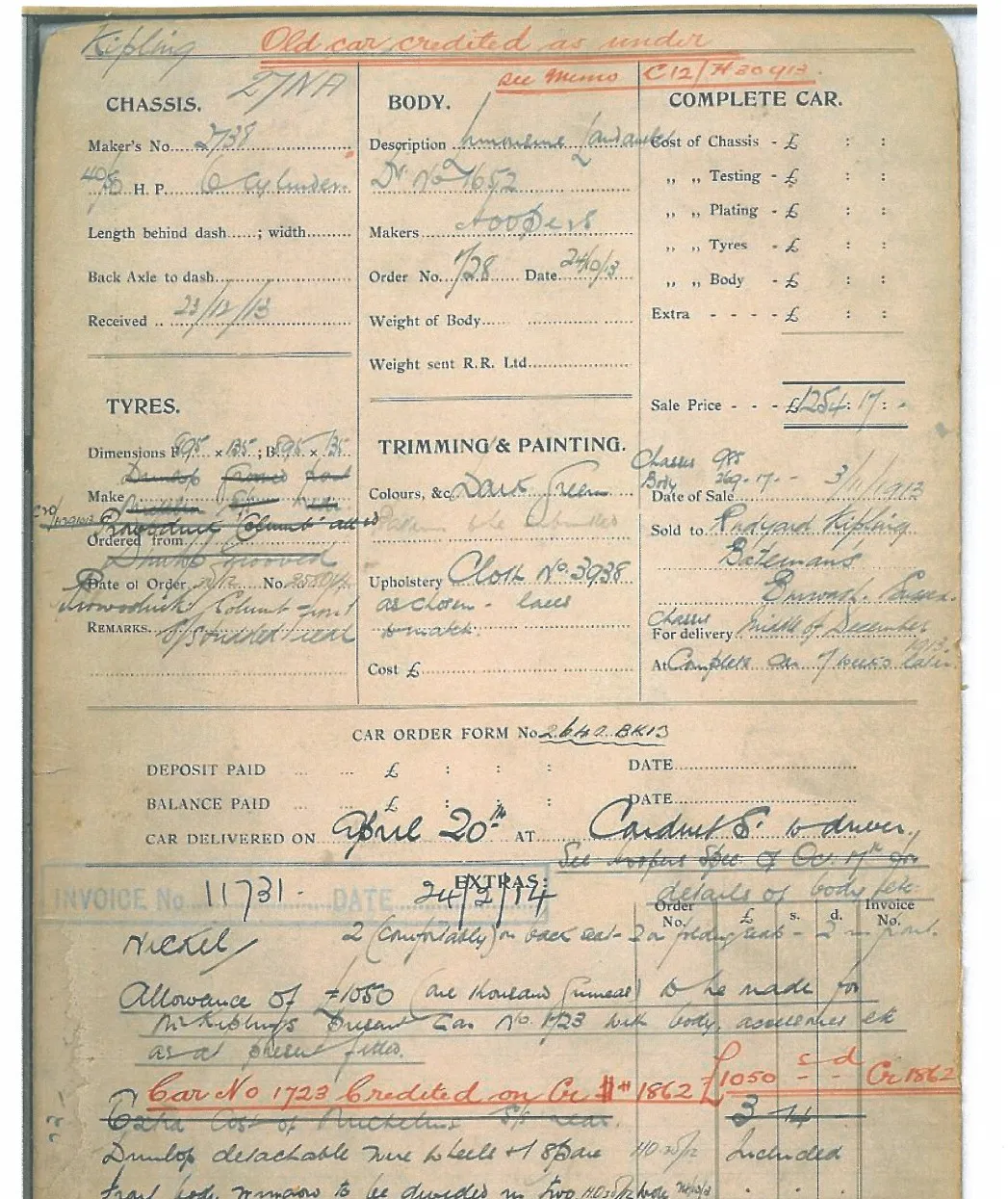 A handwritten 1913 Rolls-Royce factory order form for chassis 27NA, recording the sale to Rudyard Kipling, Batemans, Burwash.